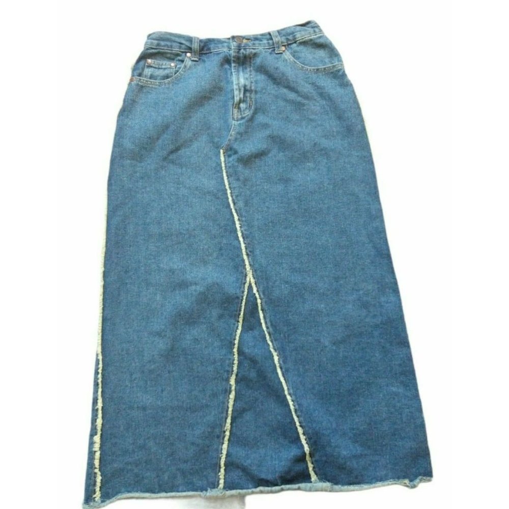 DARE long Denim Fringed Seams 5-Pocket Skirt Womens Size 12 Medium Wash 34in L